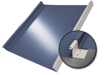 Metal roofing panel with a close-up of its corner bracket.