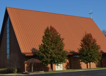 Trees in front of a building with a tall, angled roof under a clear blue sky.