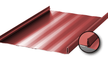 Red metal roofing panel with close-up detail.