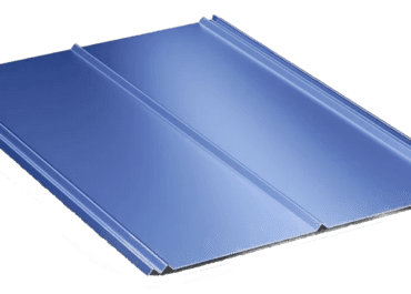 Blue metal roofing panels with a glossy finish.