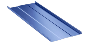 Blue metal roofing panel on black background.