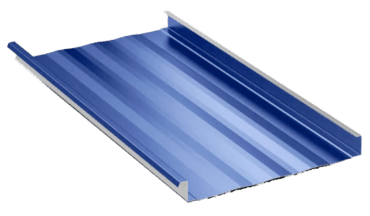 Blue corrugated metal roofing panel with raised edges.