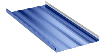 Blue metal roofing panel on black background.