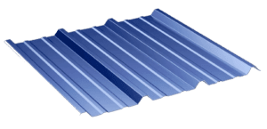 Blue corrugated metal roofing sheet on black.