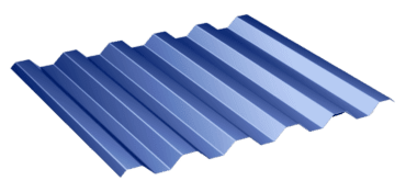 Blue corrugated metal roofing panel on black.