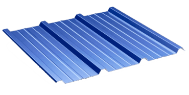 Blue corrugated metal roofing sheet on black.