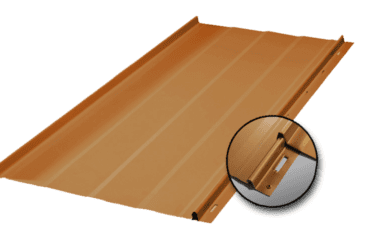 Orange metal roofing panel with close-up detail.