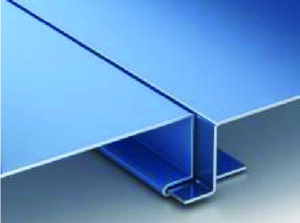Blue metal roofing panel with seam.