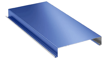 Blue metal roofing panel on black background.