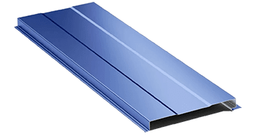 Blue metal roofing panel on black background.