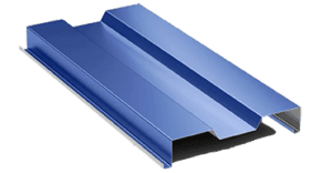 Blue metal roofing panel on black background.