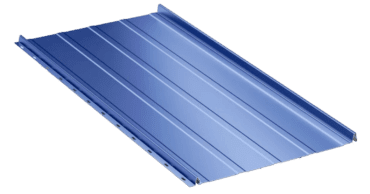 Blue metal roofing panel on black background.