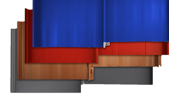 Colorful layered fabric swatches in blue, red, orange, and gray.